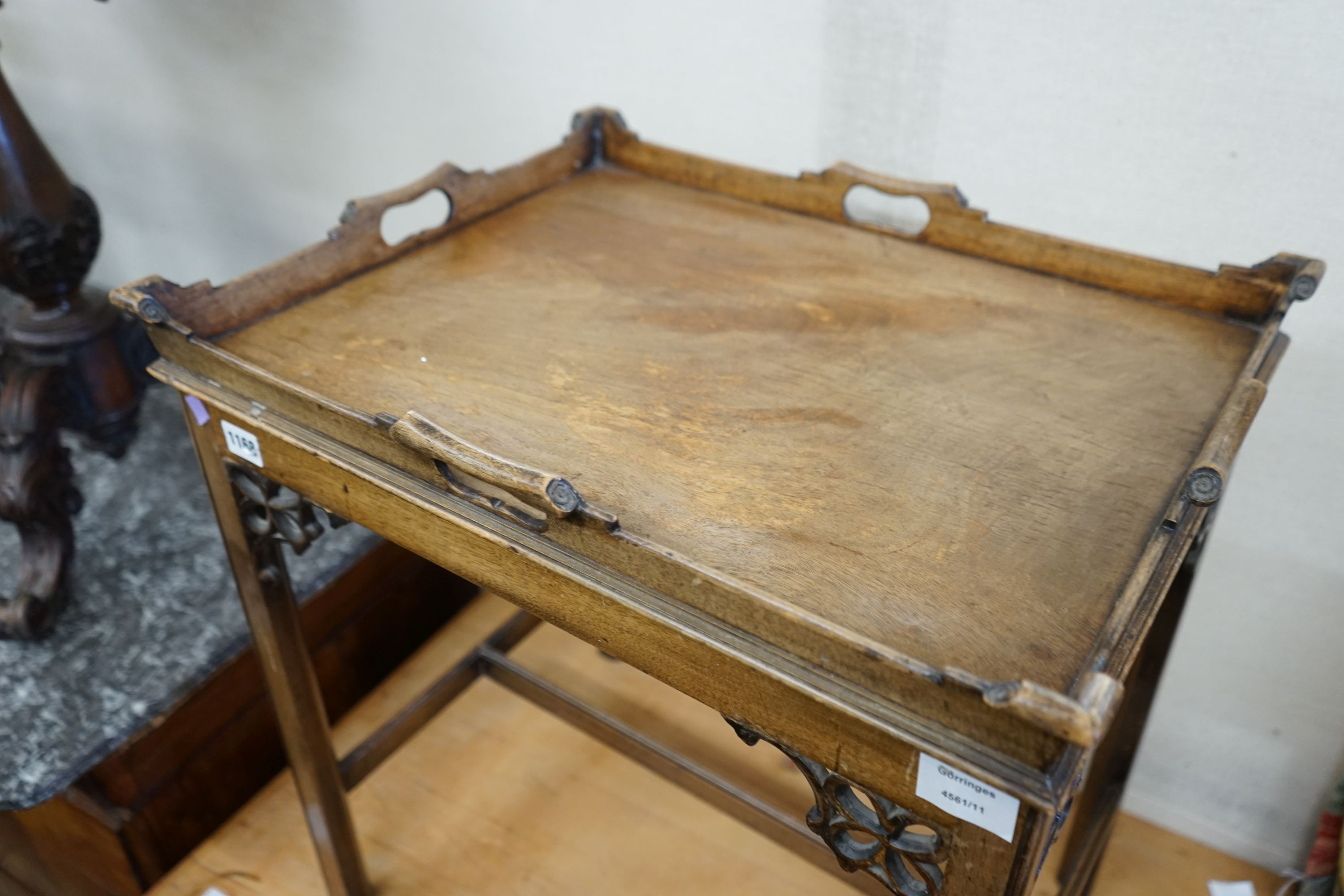 A George III style mahogany tray top occasional table, width 56cm, depth 45cm, height 61cm